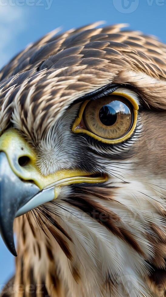 Closeup view of a hawk's eye showcasing intricate details and colors photo