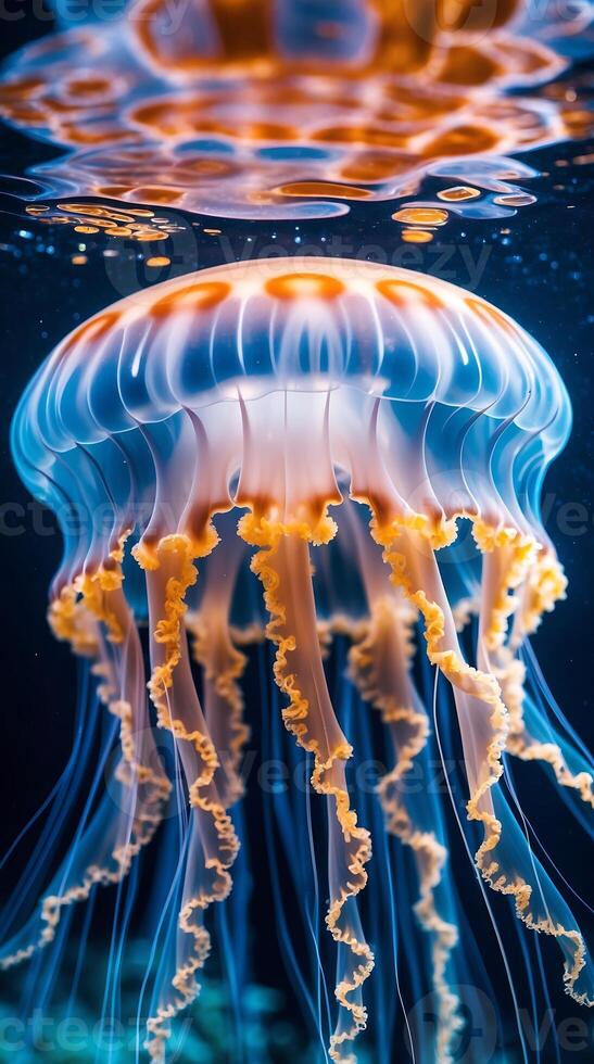 Closeup view of a jellyfish pulsating gracefully in clear waters photo