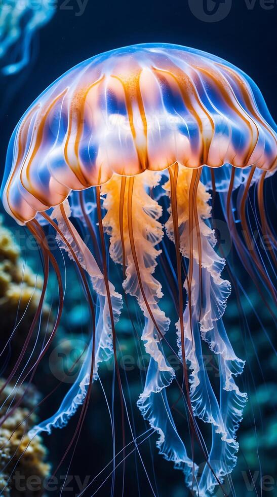 Closeup view of a jellyfish with flowing tentacles underwater in an aquarium setting photo