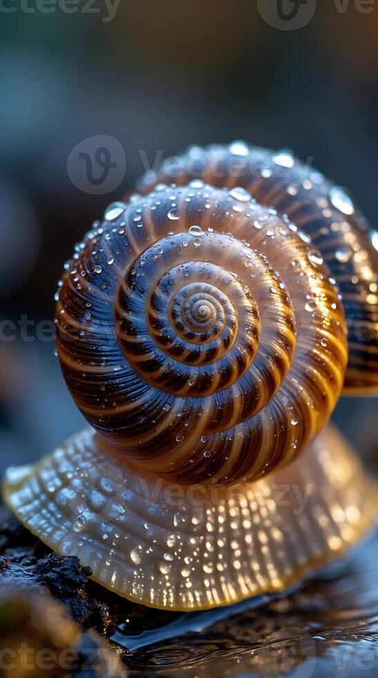 Closeup view of a snail's shell showing intricate spiral design and water droplets photo