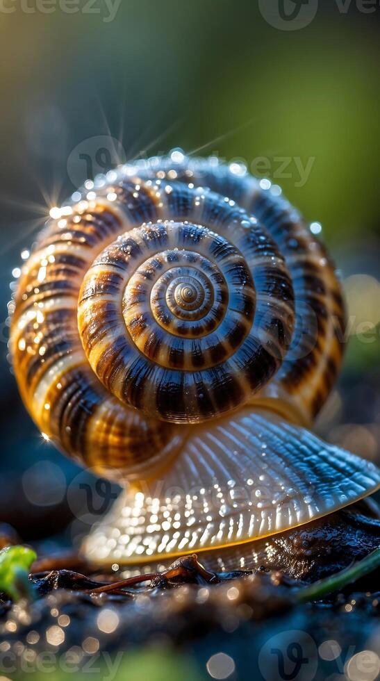Closeup of a beautifully patterned snail shell with water droplets on a lush surface photo