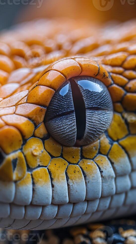 Closeup view of a snake's pupil with distinct slit shape and unique textures photo
