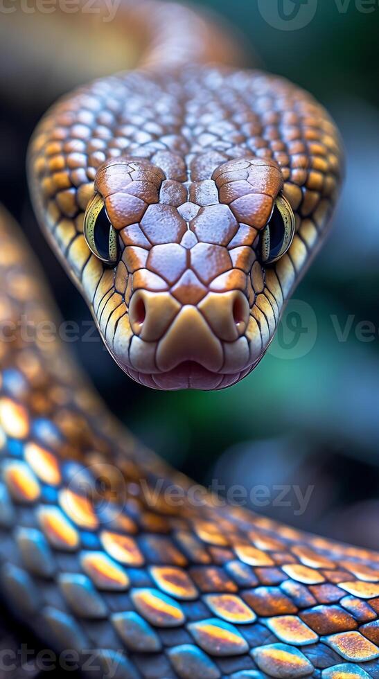 Closeup of a snake with smooth skin displaying iridescent patterns and colors photo
