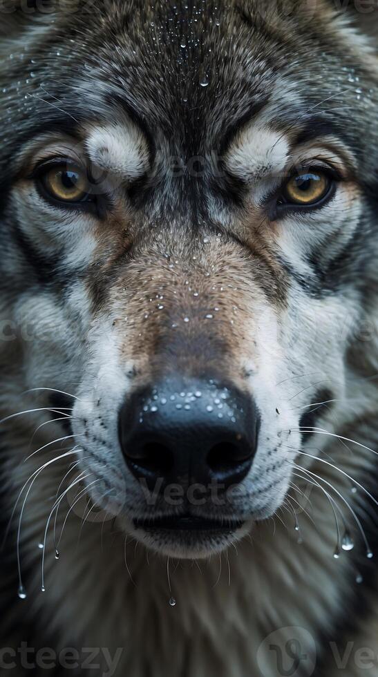 Closeup view of a wolf's nose and whiskers with droplets glistening in the light photo