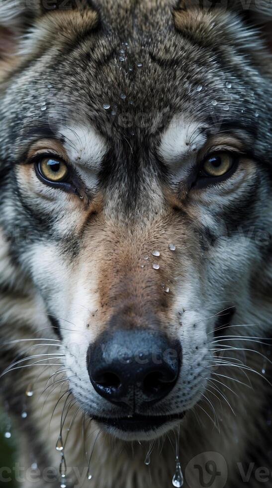 Closeup view of a wolf's nose and whiskers with droplets on its fur photo