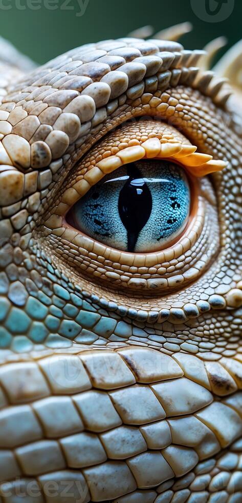 Detailed closeup of an iguana's eye showcasing intricate patterns and textures photo