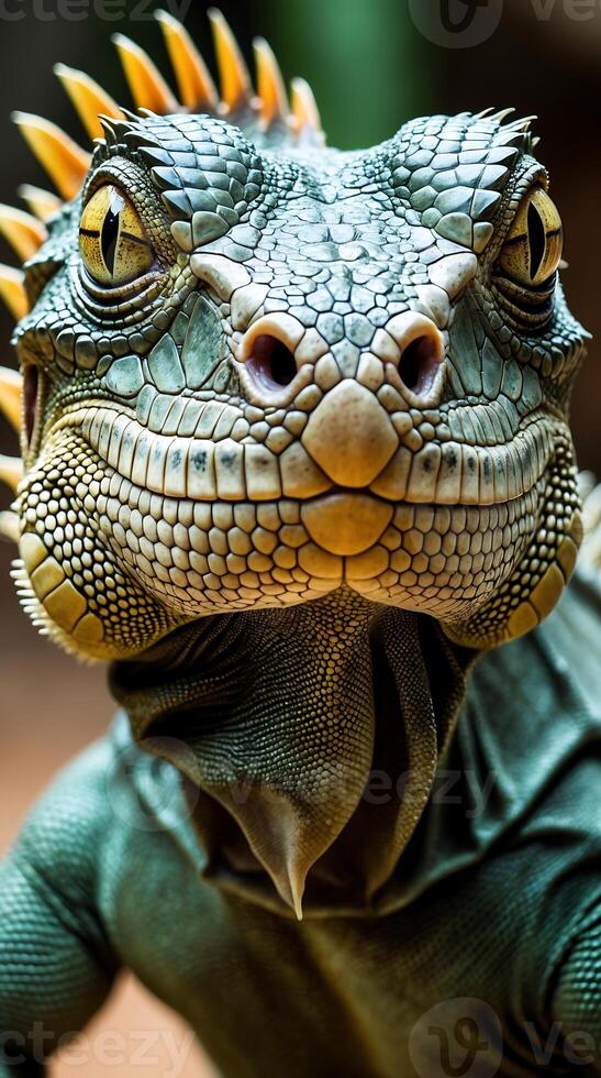 Closeup view of an iguana showcasing its distinctive scales and features photo