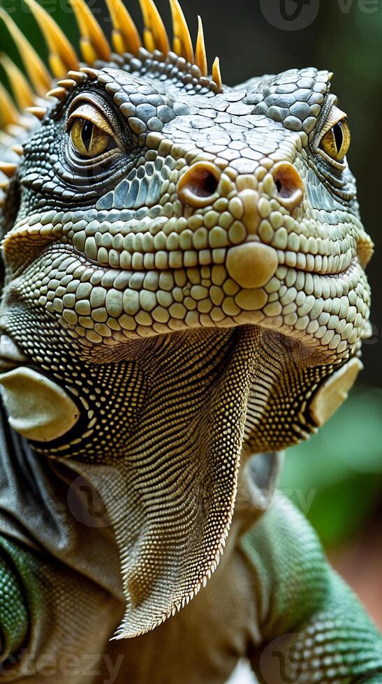 Closeup view of an iguana showcasing intricate scales and unique colors in nature photo