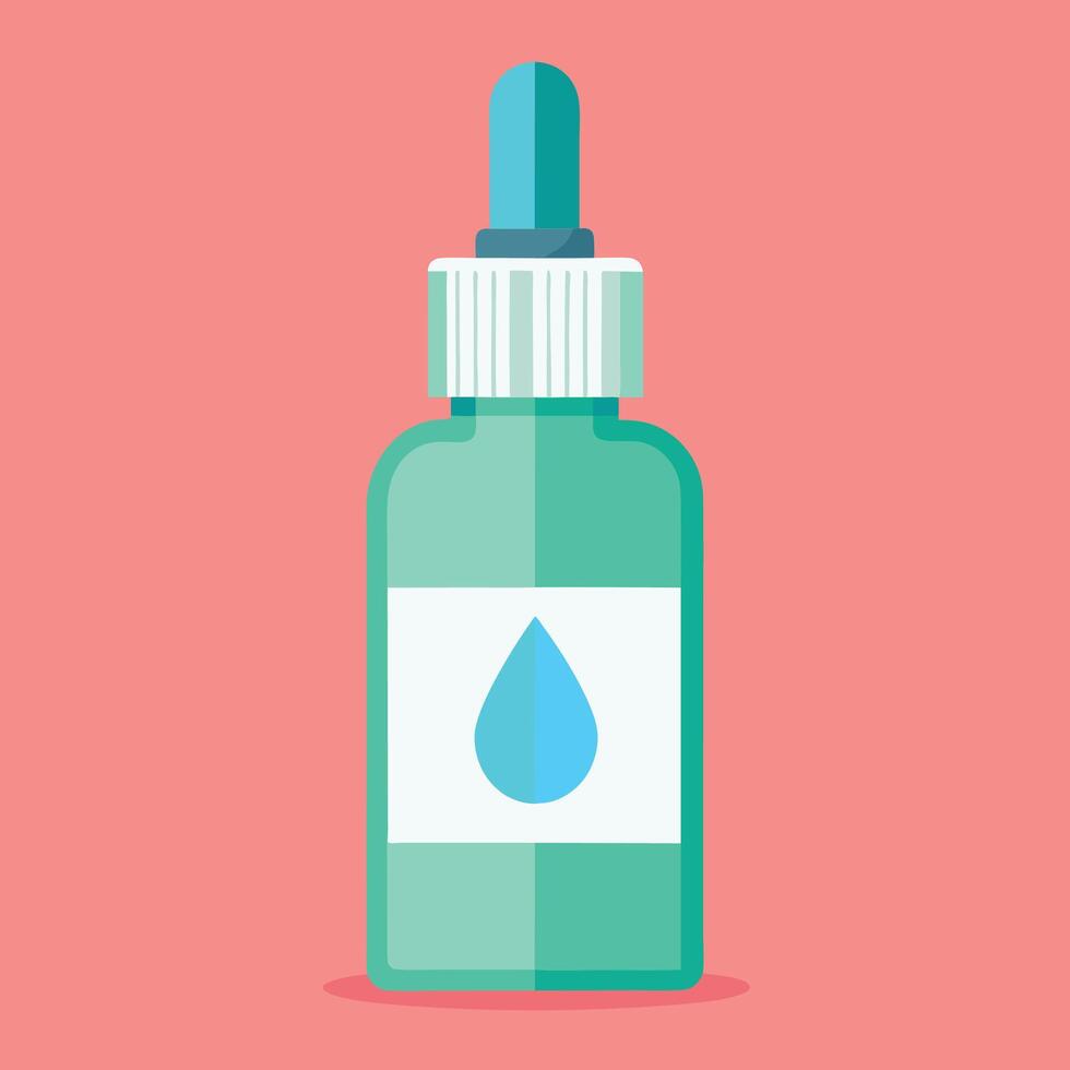 Minimalist illustration, dropper bottle, teal glass, white label, blue water droplet icon, pink background, flat design, clean lines, geometric shapes, pharmaceutical aesthetic vector