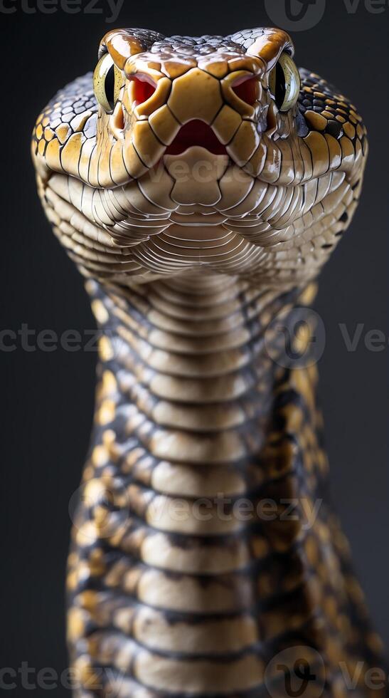 Cobra elevates its hood, showcasing intricate patterns and striking features photo
