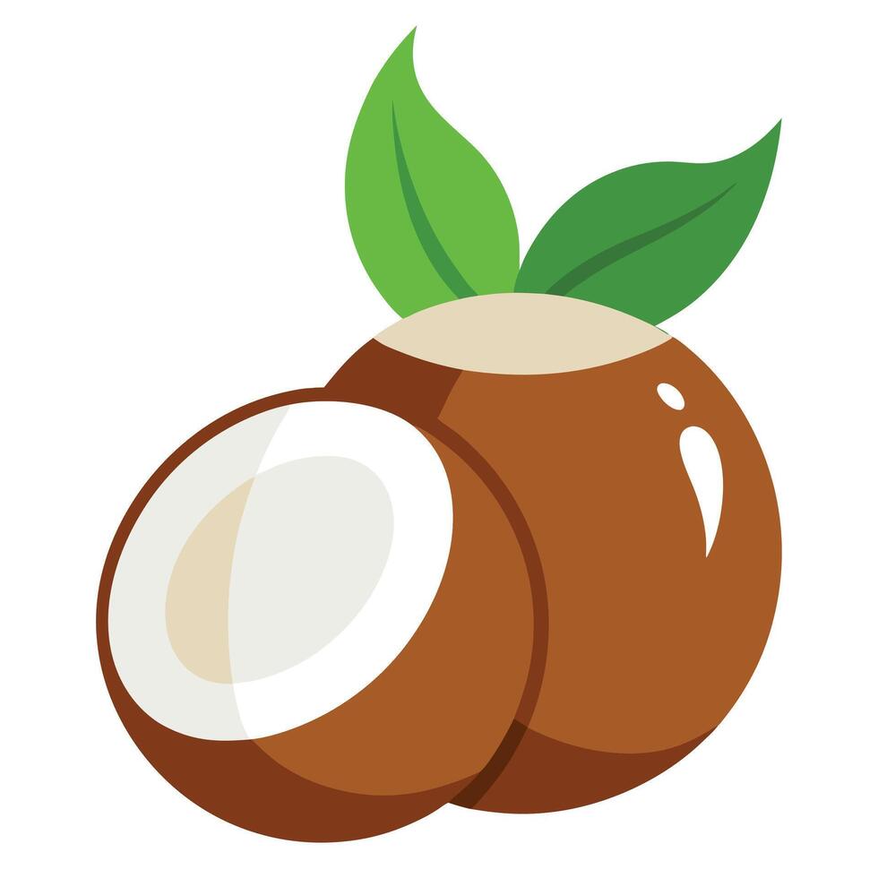 Cartoon coconut, stylized tropical fruit, bright green leaves, brown husk, white flesh, glossy surface, illustration, clean lines, simplified vector