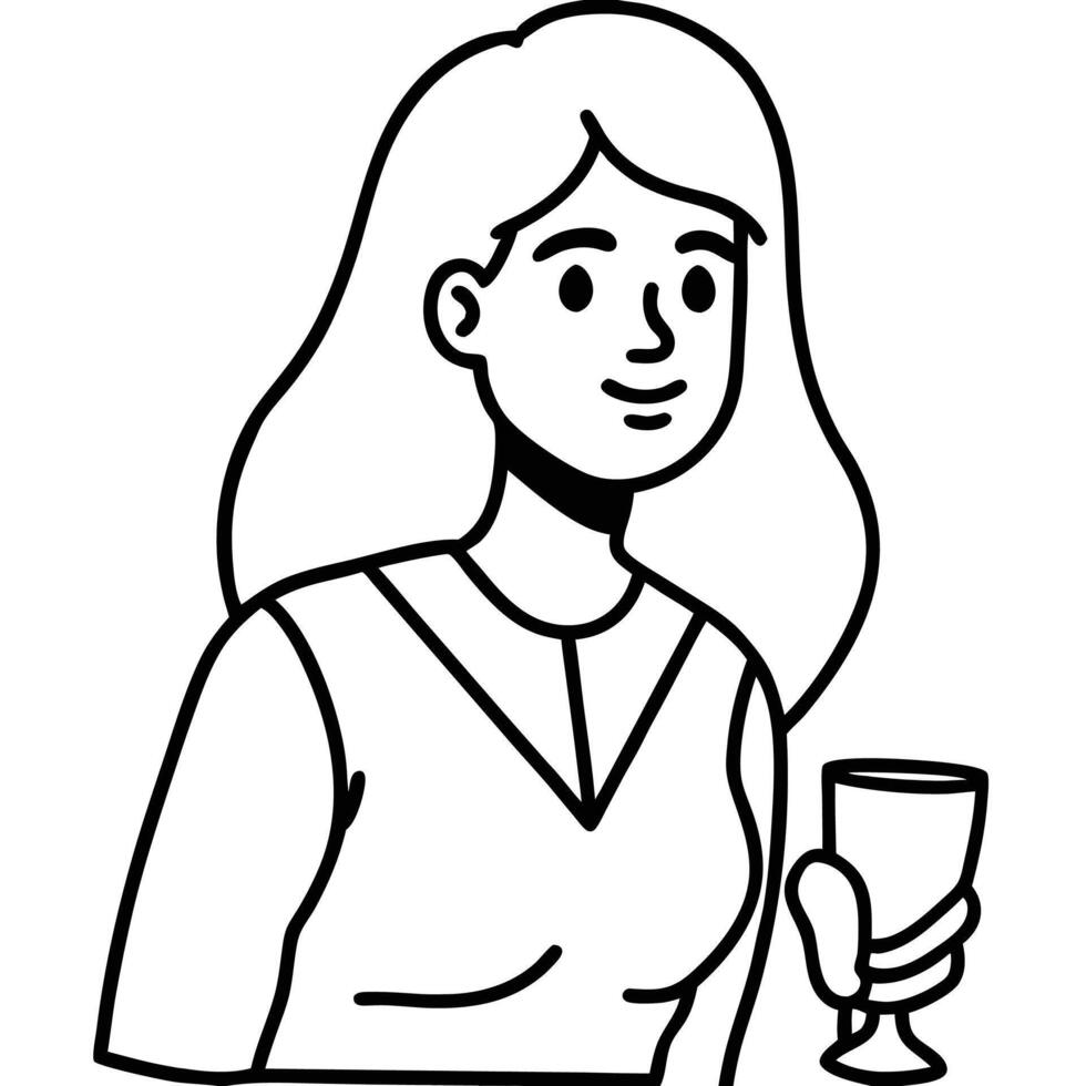 Line drawing, simple illustration, woman with long hair, holding a wine glass, v-neck top, black and white, minimalist style, clean lines, cartoon-like, profile view, casual pose vector