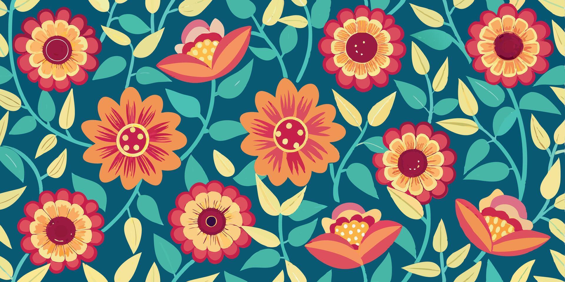 Vibrant floral pattern, retro style, teal background, red and orange flowers, stylized petals, yellow leaves, folk art inspired vector