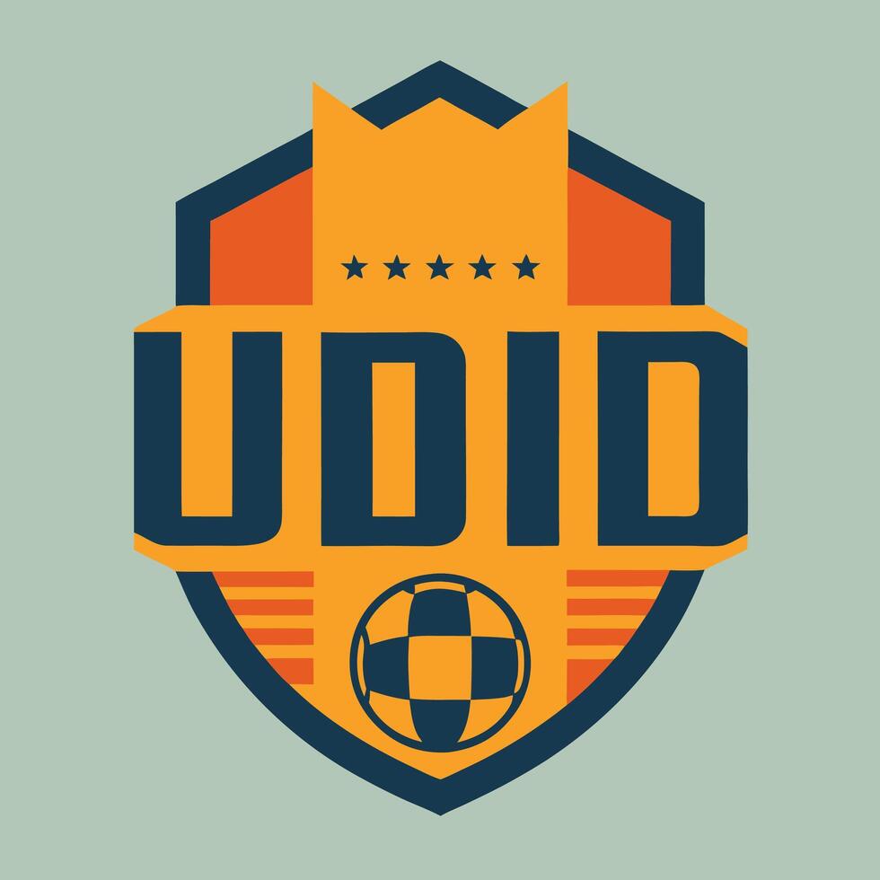 Logo design, soccer club emblem, shield shape, bold typography, UDID text, crown element, five stars vector