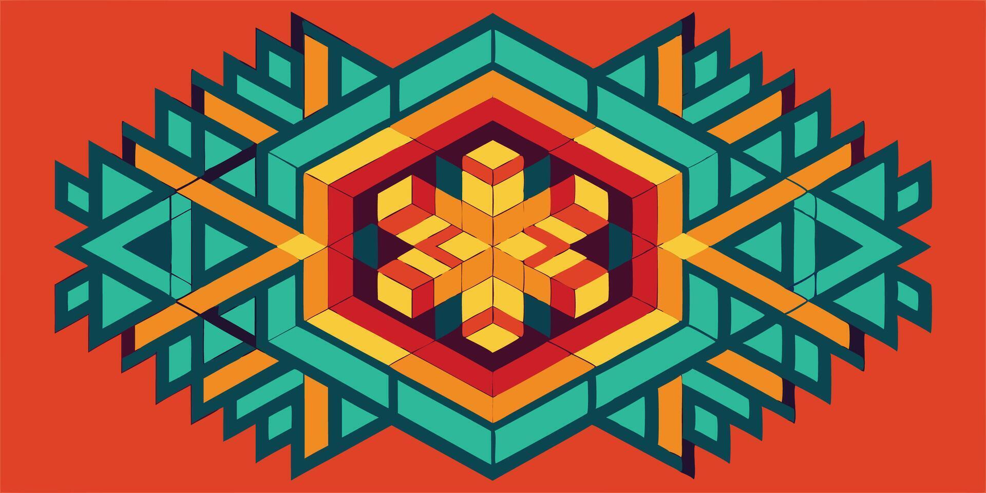 Geometric tribal pattern, symmetrical design, vibrant colors, teal, yellow, red, orange background, hexagonal centerpiece vector