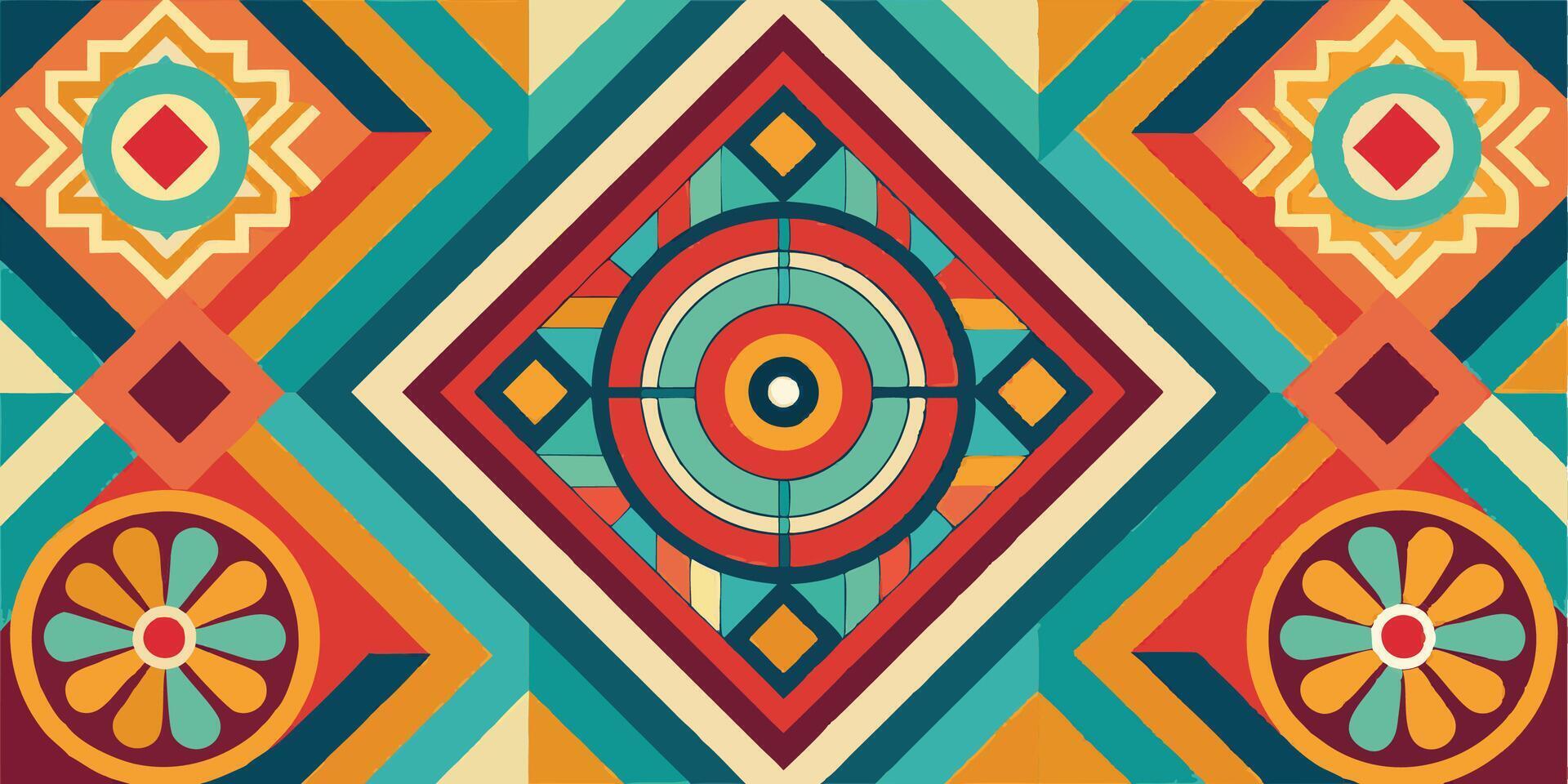 Geometric abstract art, Vibrant color palette, Symmetrical design, Retro style, Concentric circles, Diamond shapes, Floral motifs, Aztec-inspired patterns vector