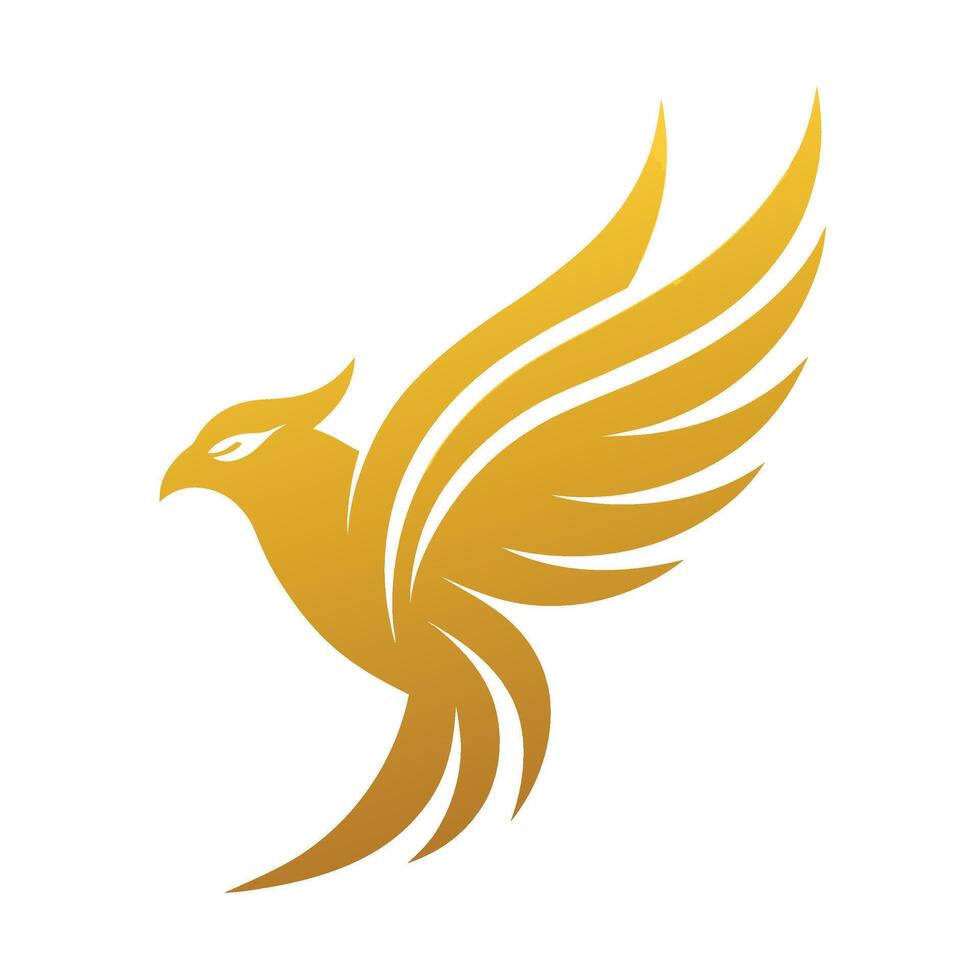 Golden phoenix logo, stylized bird icon, minimalist design, abstract wings, yellow gradient, white background, elegant silhouette, mythical creature symbol, corporate branding, sleek curve vector