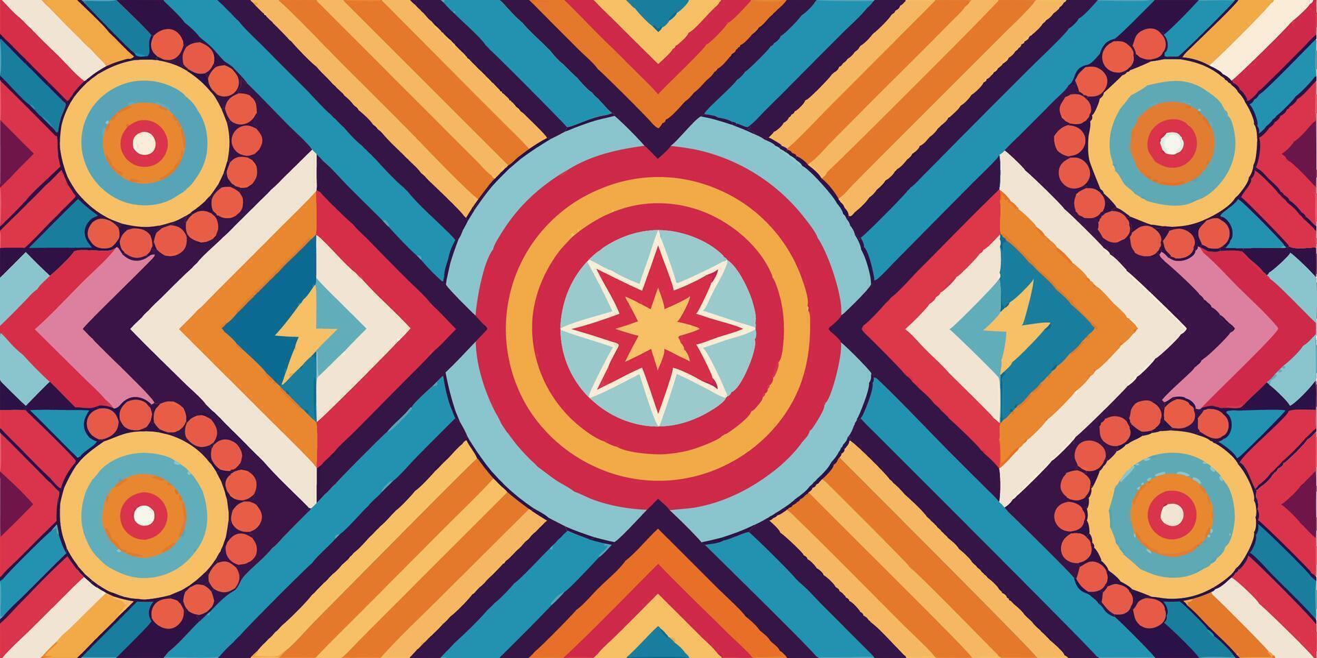 Vibrant geometric pattern, Symmetrical design, Retro color palette, Bold stripes and circles, Abstract star motif, Concentric shapes, Art deco influence vector