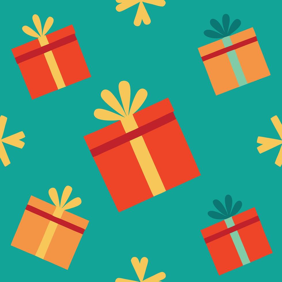 Festive gift boxes pattern, vibrant colors, red and orange presents, yellow bows, teal background, flat design, seamless repeat, cheerful holiday theme, graphic illustration style vector