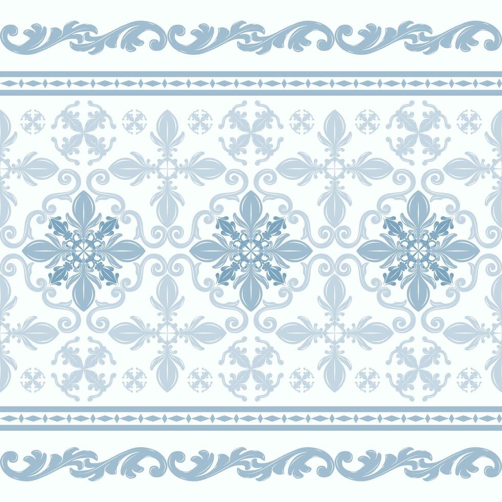 Delicate Pale Blue Seamless Royal Pattern with Detailed Scroll Ornament Floral Victorian Nature Inspired Silk weaves Design for Apparel Flourish Pastel Attire Batik iznik Ceramic Tiles Textiles Fabric vector