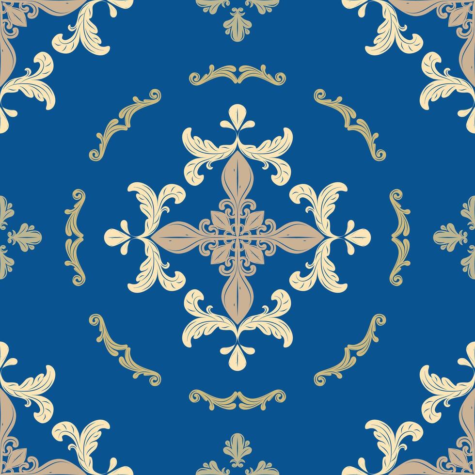 Elaborate Luxury Monogram Victorian Ages with Gold Silk Weaves Embroidery On Royal Blue Background Expensive Curly Ornate Scroll Opulence Repeat Seamless Pattern for interior Wallpaper Fabrics Textile vector