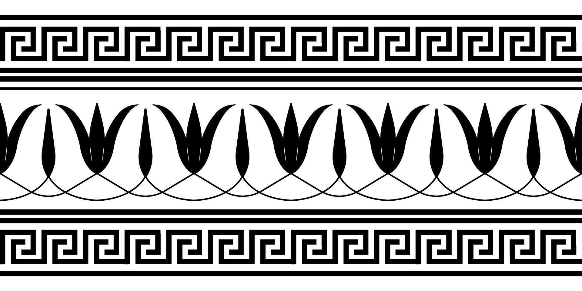 Greek floral meander, key meander. Endless European pattern border. Black seamless classic greek ornament. Border Ancient Greece, Roman Empire. For textile, engraving, embroidery, porcelain vector