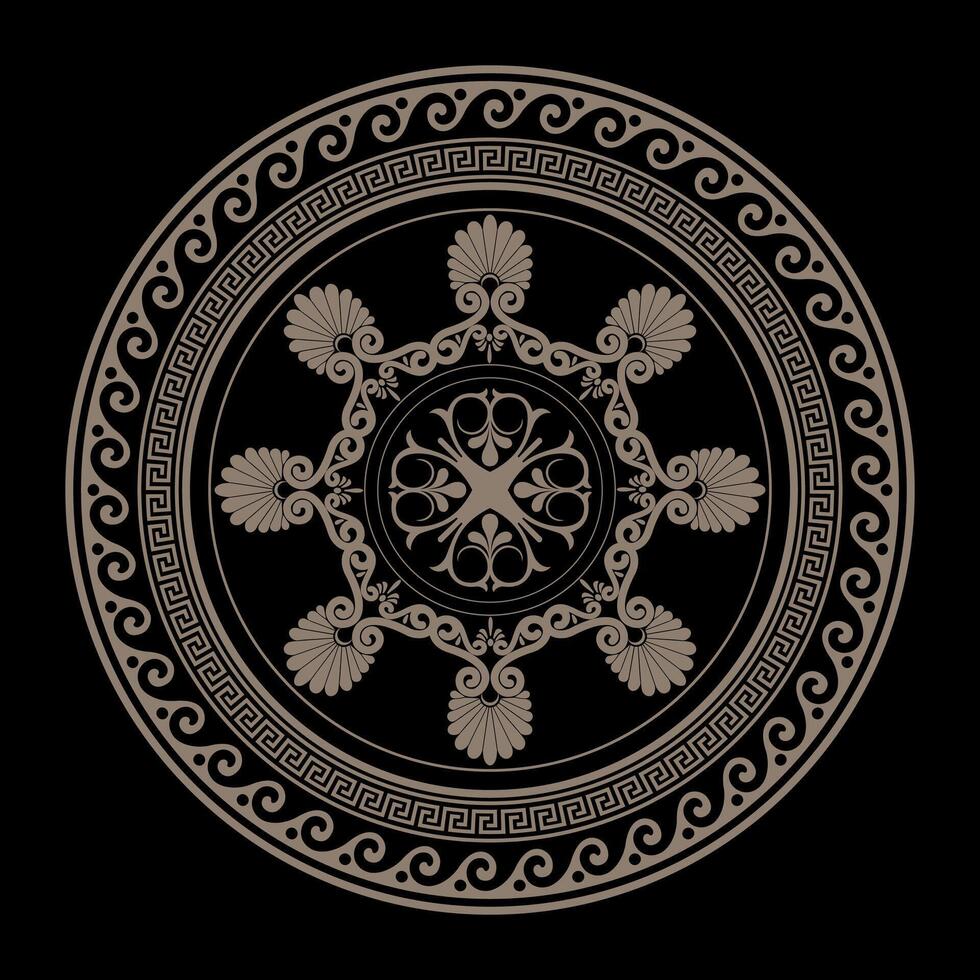 Patterns of Greece, ancient Rome. Round Gold classic frame plate with pattern in center. Greek meander. Circle european border. Round antique border. Classic egyptian, assyrian, greek motives vector