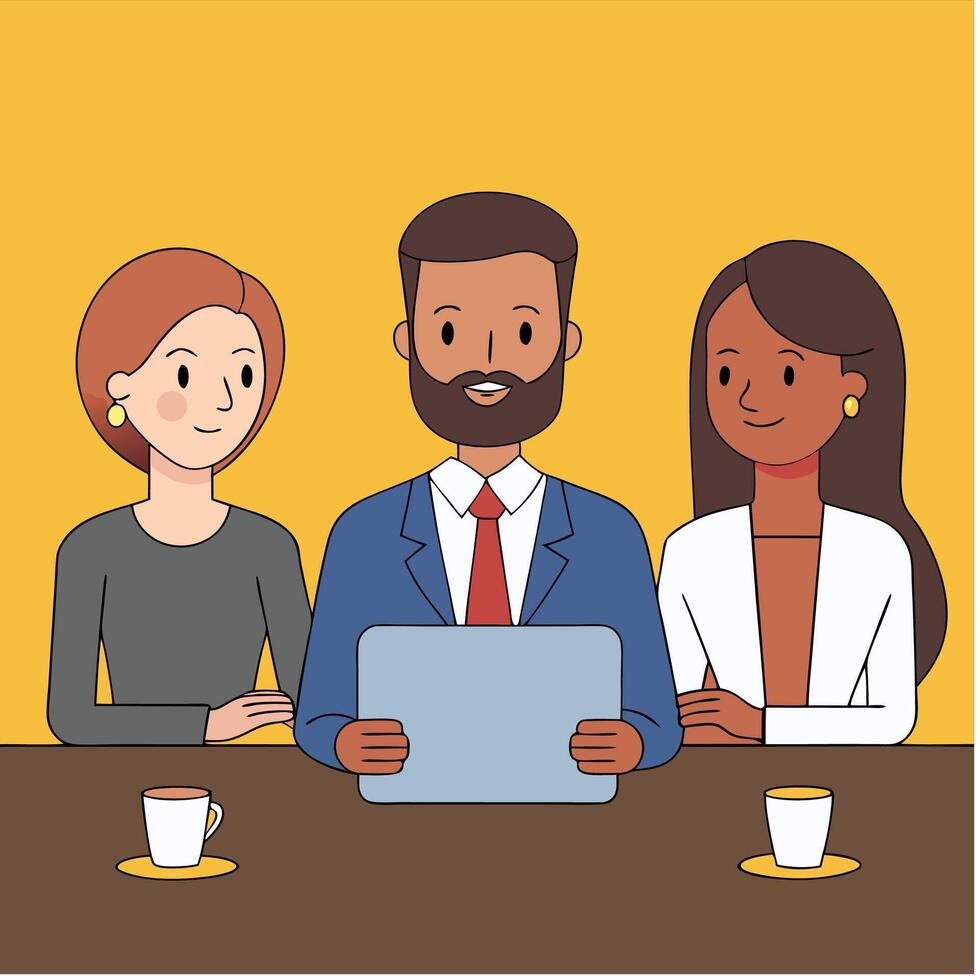 Three Professionals Collaborating Together with a Tablet at a Meeting Table vector