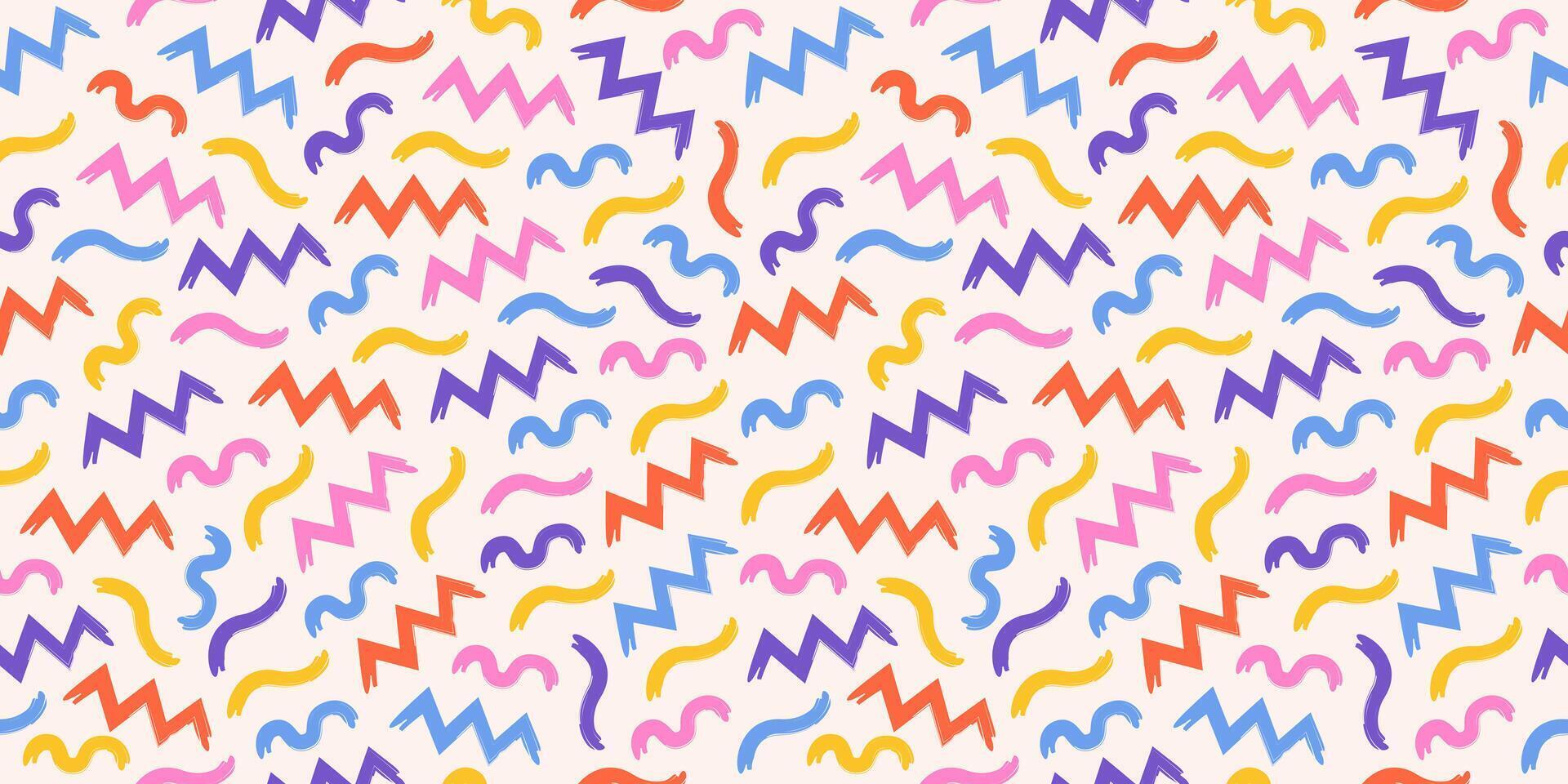 Abstract memphis pattern with playful squiggles and zigzag lines on a light background. Wavy and swirled brush strokes.The simple and childish scribble pattern makes it a playful and whimsical design. vector