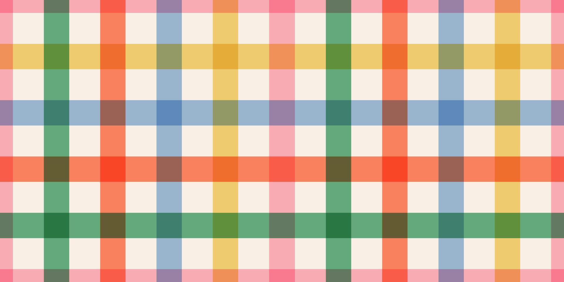Bright plaid pattern with intersecting colorful stripes on a light background in retro style. For fabric, wrapping paper, and backgrounds. Birthday, New Year, Christmas or any celebrations backdrop. vector