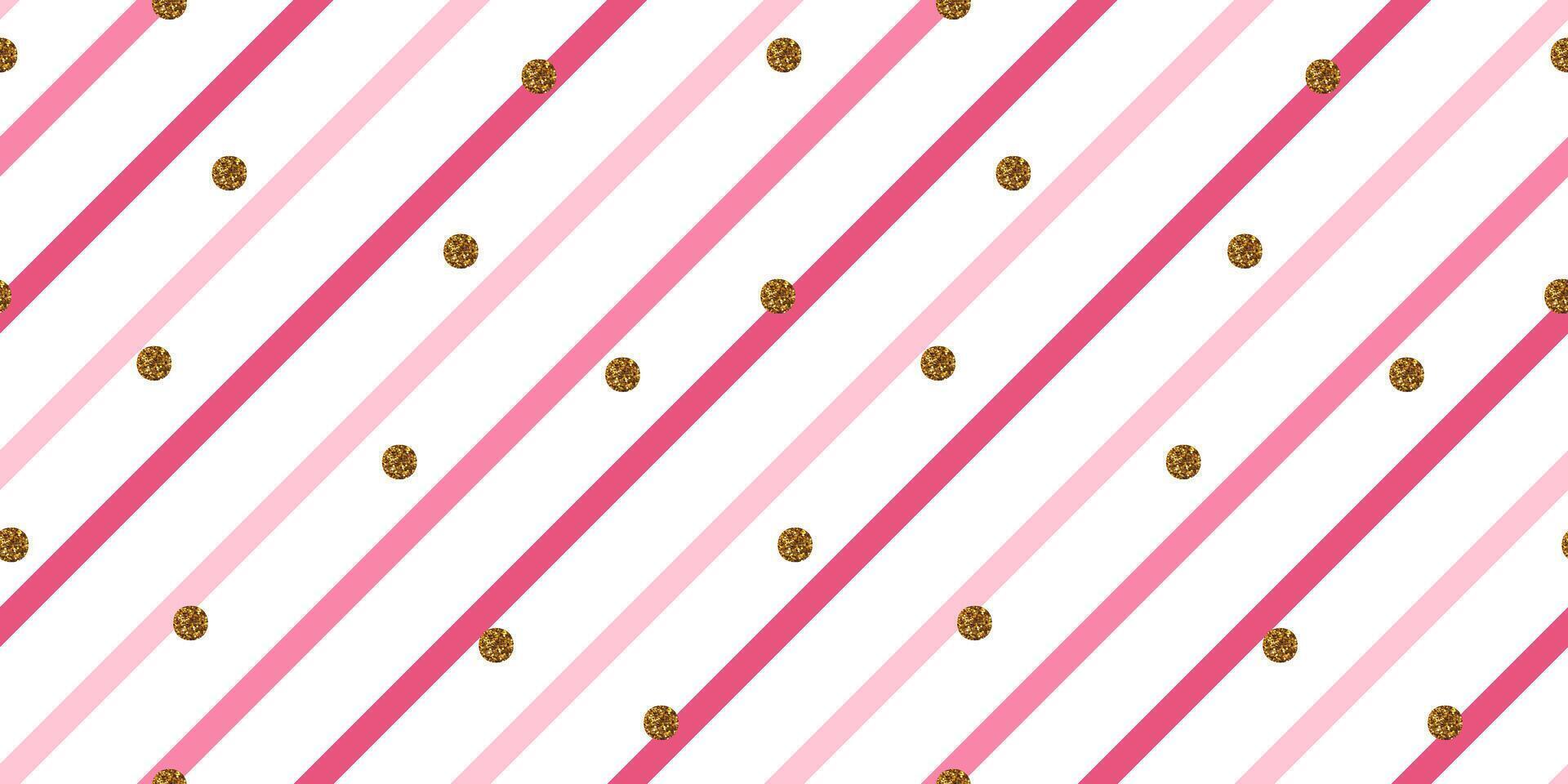 Fun pink pattern with oblique stripes. Metallic gilded confetti. Simple girly backdrop. Birthday background. Design for cards, wedding parties, invitations, packaging, textiles, and surface design. vector