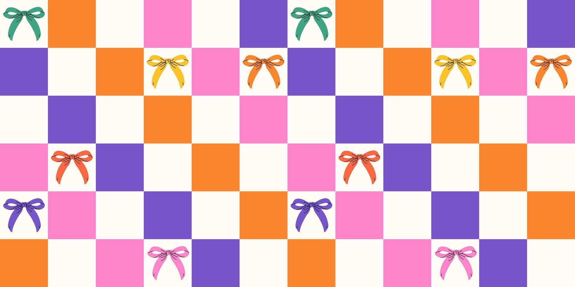 Retro checkered rainbow pattern with a bow. Y2K-inspired gingham backdrop. Vintage design for print, textiles, or trendy hair accessories. Birthday party. Celebrating LGBT pride. vector