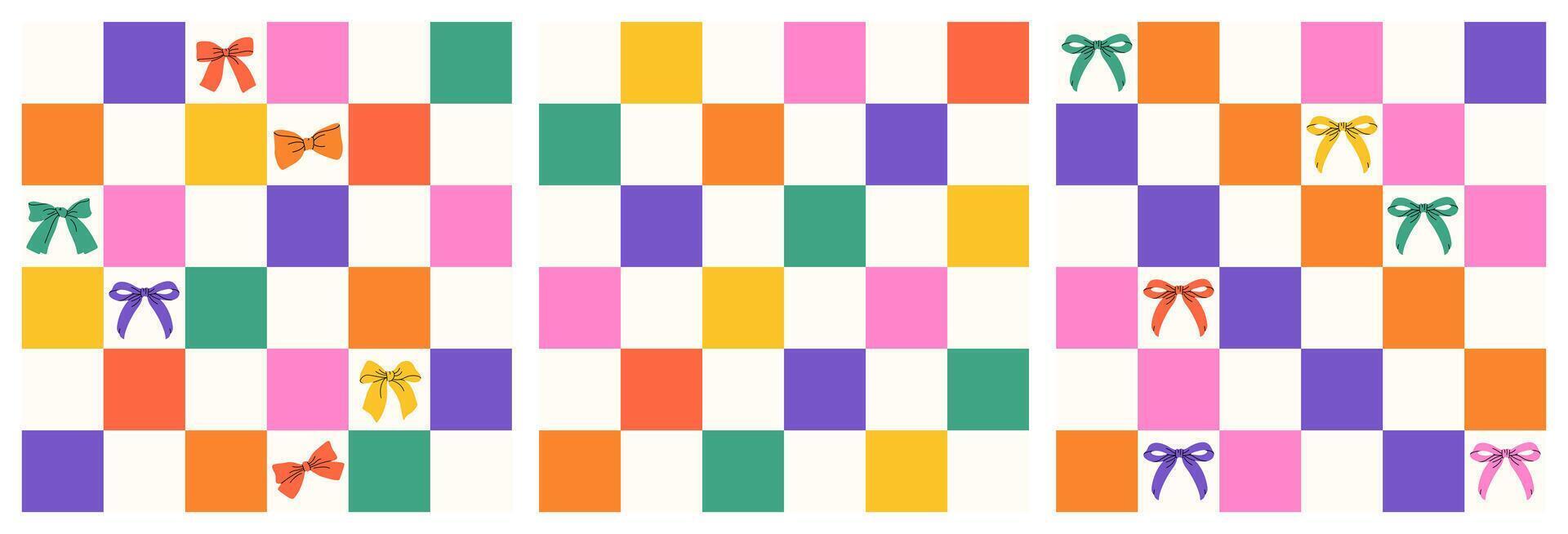 Set of groovy checkered patterns in vibrant colors like pink, purple, orange, green, and yellow with rainbow bows. Y2k gingham backdrop. Trendy hair braiding accessory. Celebrating LGBT pride. vector