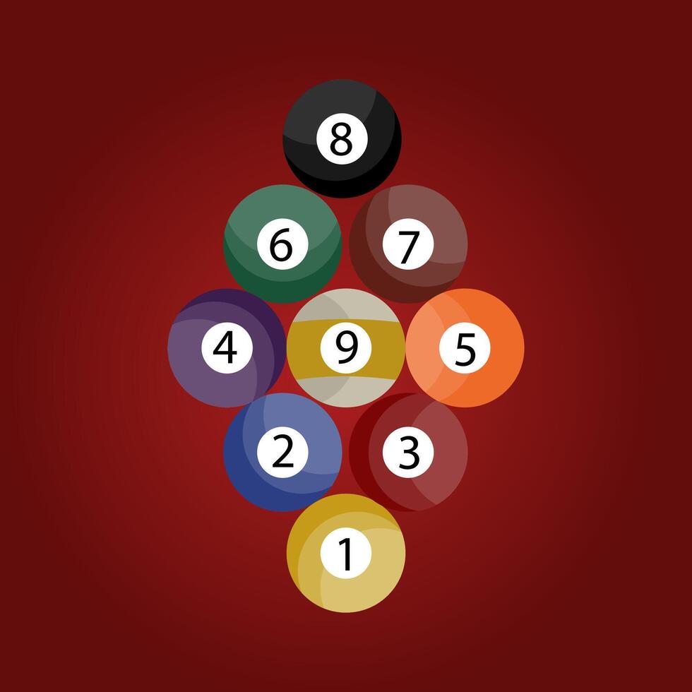 Billiard balls on red cloth surface realistic illustration. Table sports game equipment. Cue sports equipment. Top view. Isolated design. vector