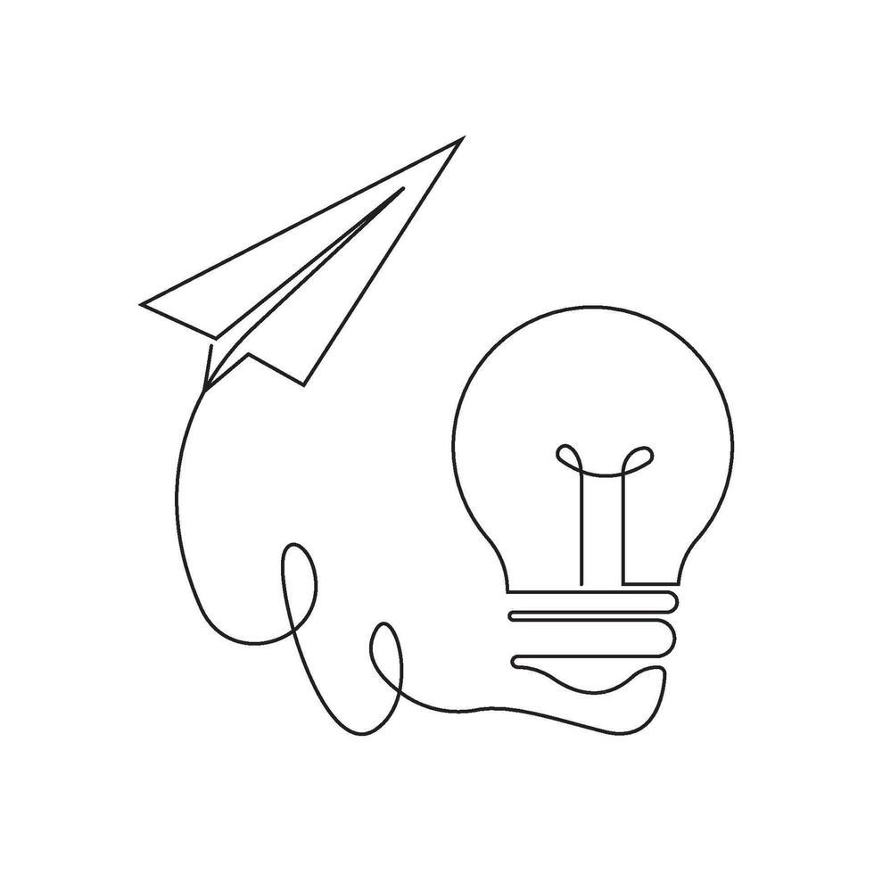Paper plane flying up connected with light bulb in continuous one line vector