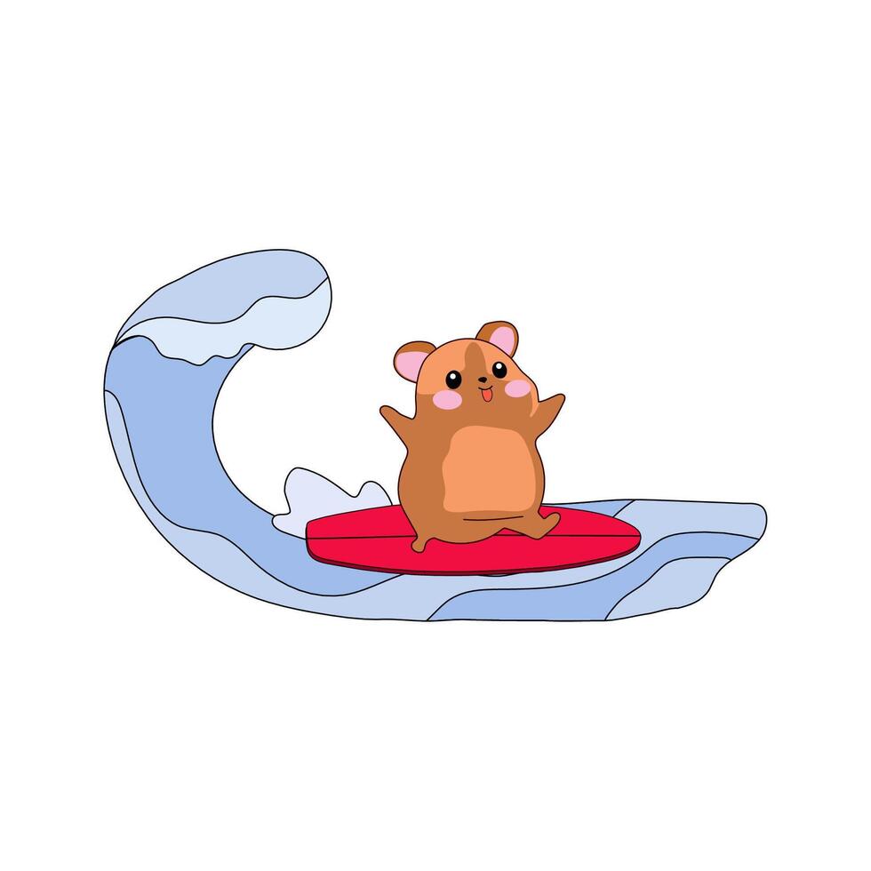 A cute cartoon hamster surfing a big ocean wave, having fun and enjoying an adventurous summer ride vector