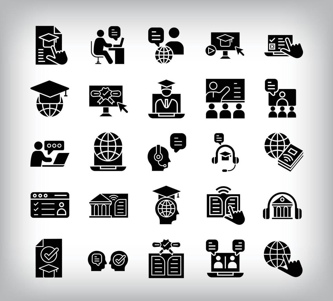 Active lesson, mock test, online book, question network and certificate design. Simple 25 flat online education icon set. vector