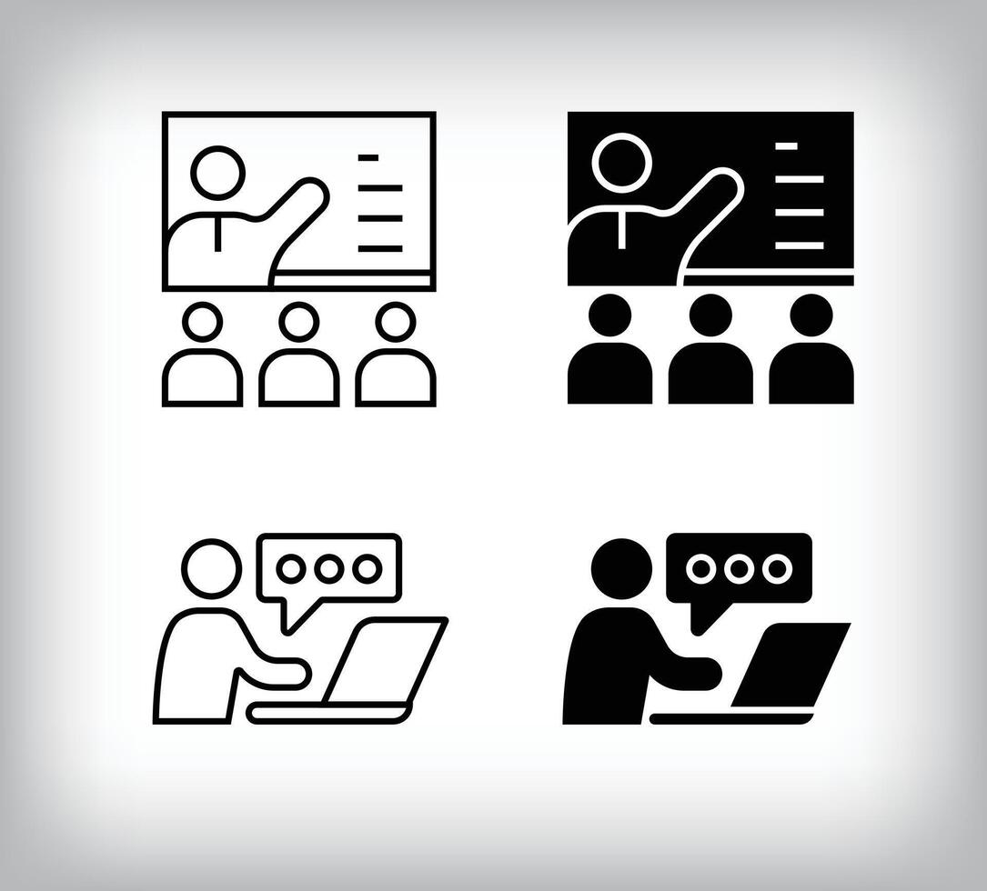 Seminar training and online computer dialogue design. Simple linear and flat online education icon set. vector