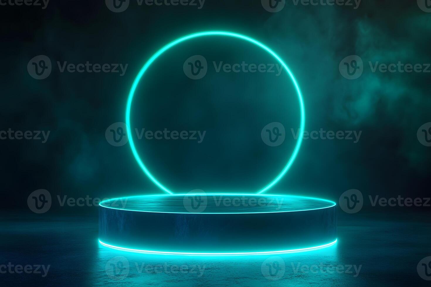 Neon Glowing Circle on Futuristic Pedestal Cyberpunk Sci-Fi Digital Art with Holographic Display photo