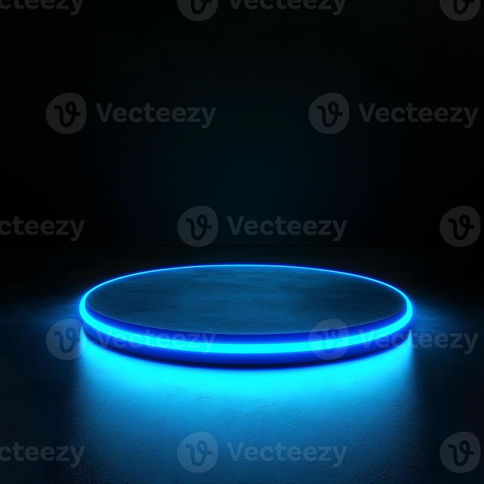 Glowing Blue Neon Circle on Futuristic Platform Sci-Fi Digital Art with Cyberpunk Aesthetic photo