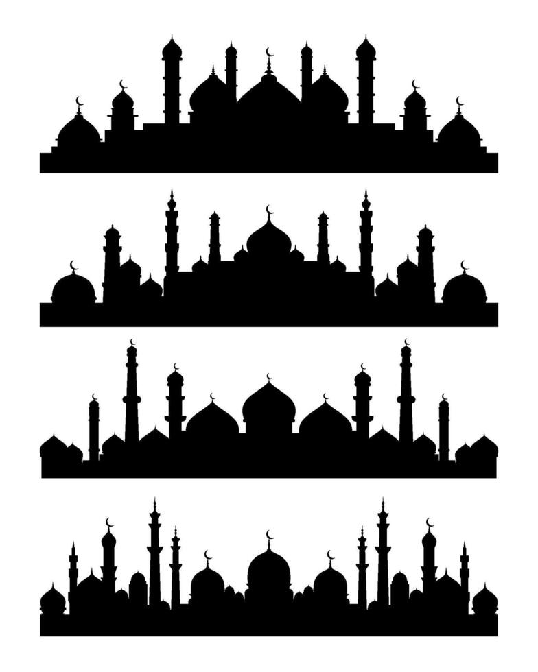 set of mosque silhouette with islamic cityscape vector