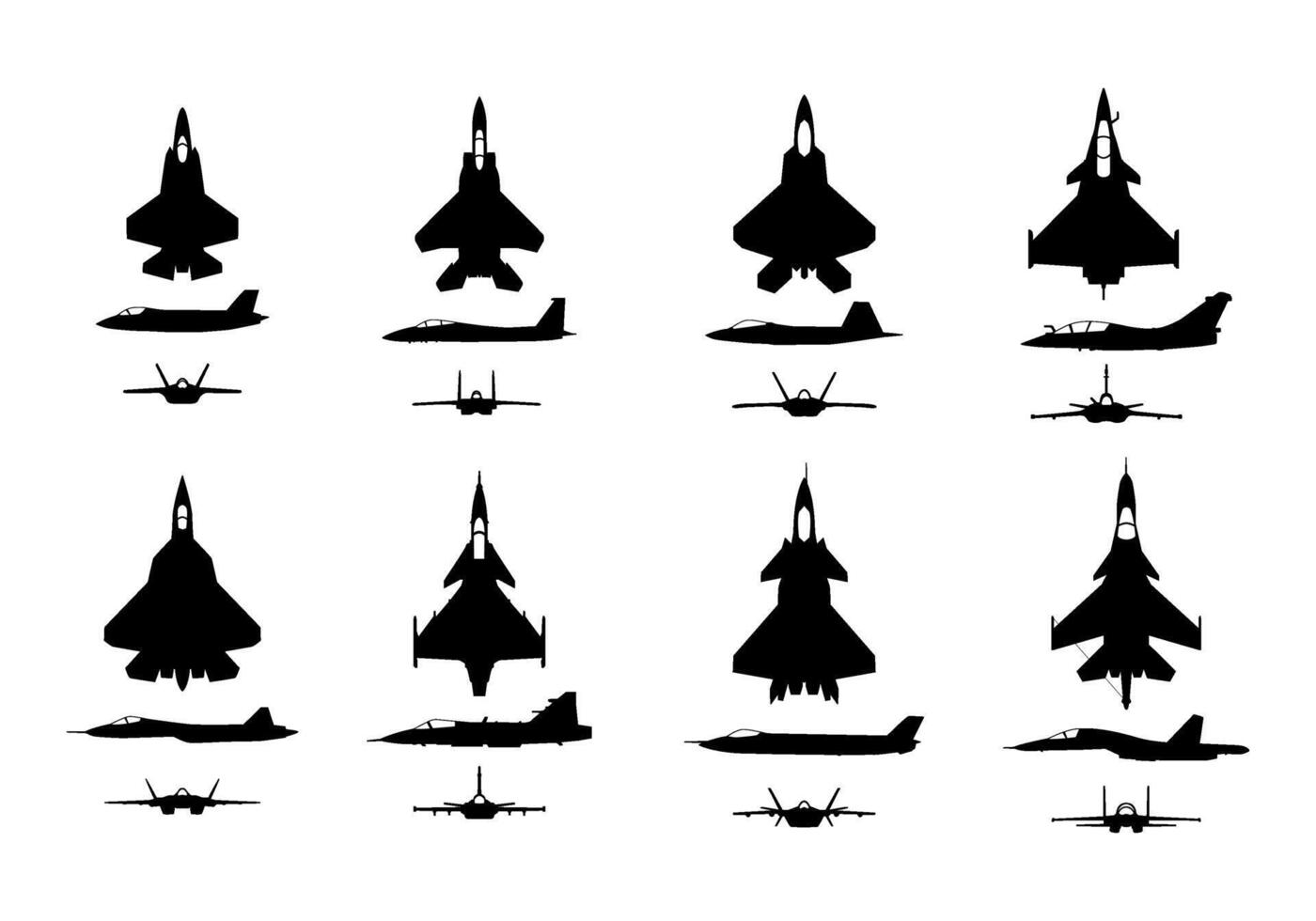 fighter jet silhouette view top, side and front vector