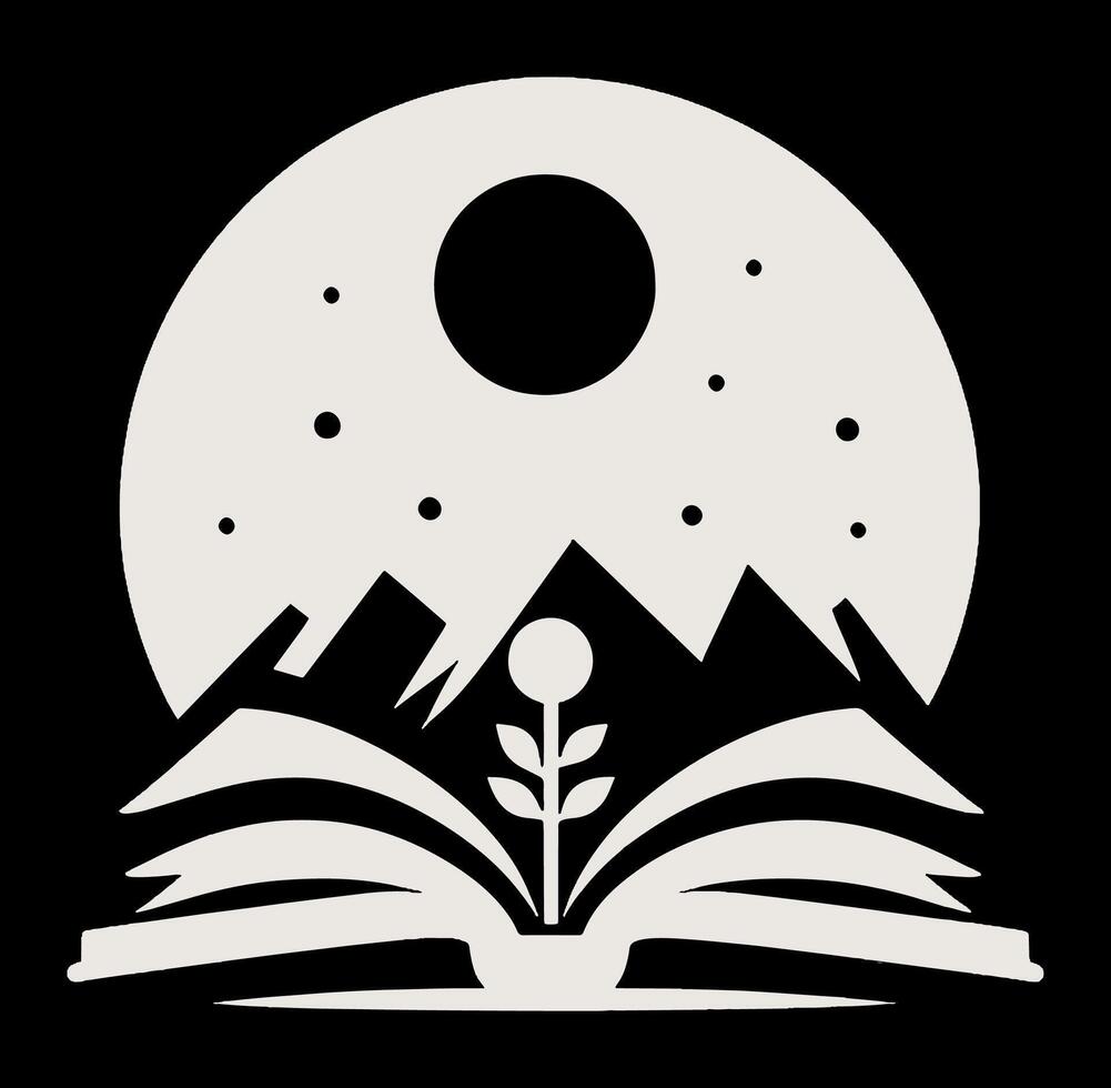 Open book with mountains and a moon in the background vector