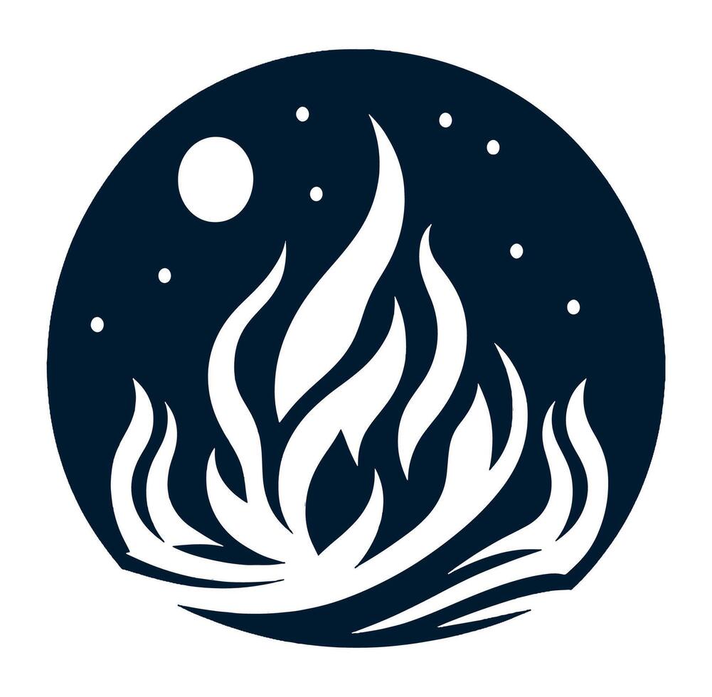 A black and white logo of a fire with a moon in the background vector