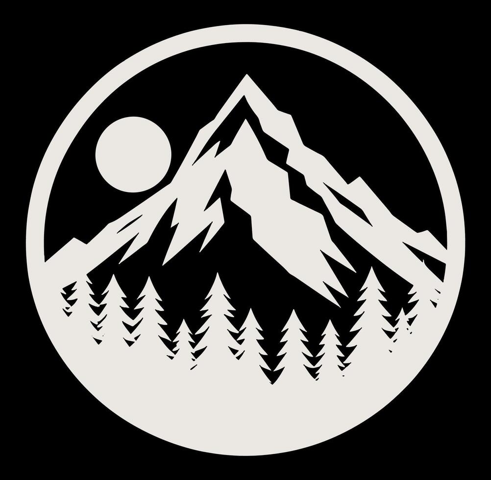 Black and white mountain and trees in a circle vector
