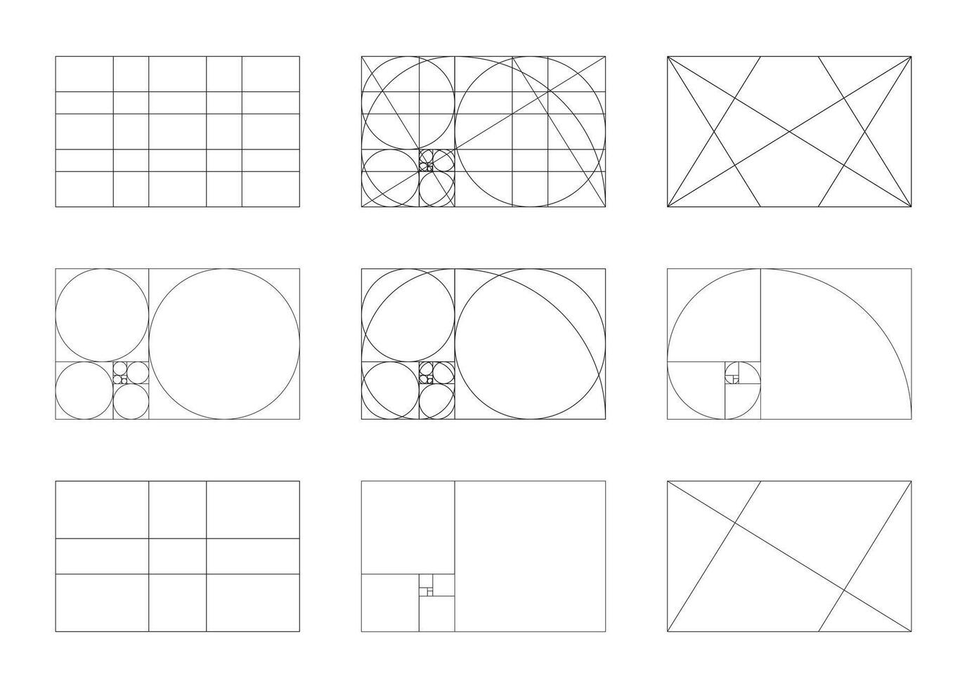 Golden ratio templates. Method golden section patterns. Fibonacci array, numbers shapes. Harmony proportions forms. Outline graphic illustration. Minimalist printable mockups. vector