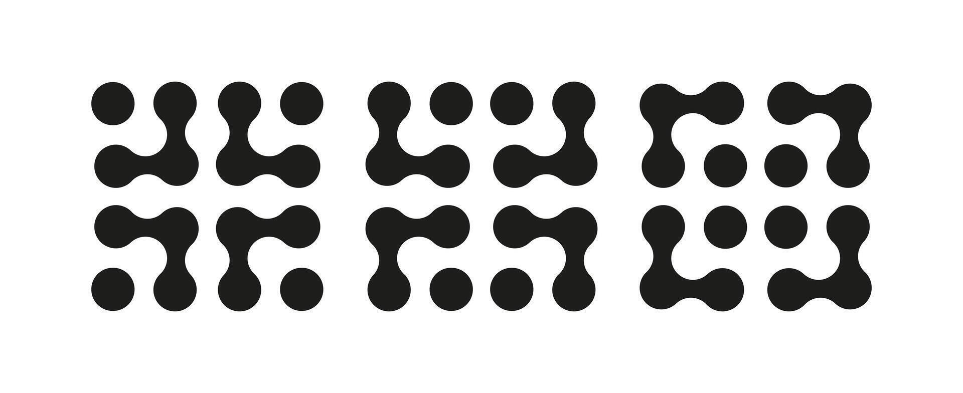 Metaball dot icons mockup. Connected circle shapes sign. Abstract integration symbols. Minimal patterns. Point movement. Morphing blobs. Metaballs transition. Logo, sticker layout. Web design element. vector