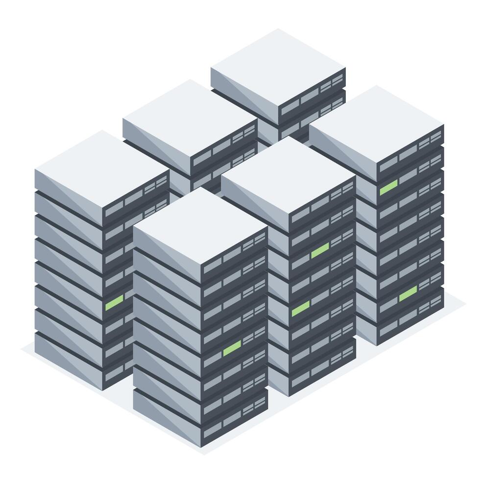 Isometric illustration of a modern server room with multiple data center racks isolated on white background for IT infrastructure concept vector