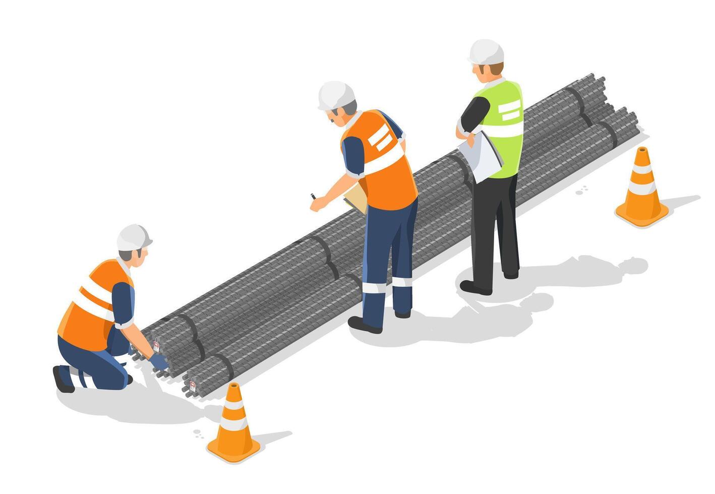 Construction workers inspecting and checking bundled steel rebar at the construction site for quality assurance and inventory control isolated isometric vector