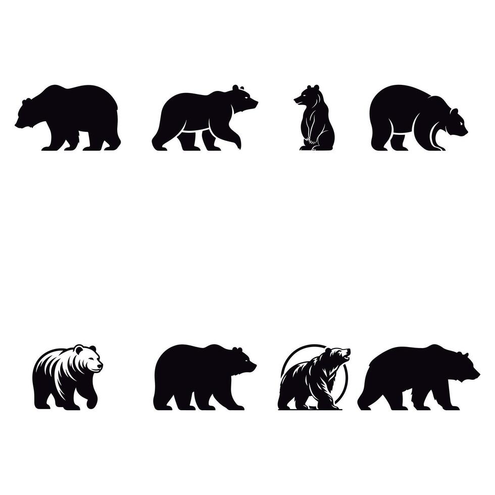 Bear Walking Silhouettes Set. Bear, A Symbol of Strength. vector